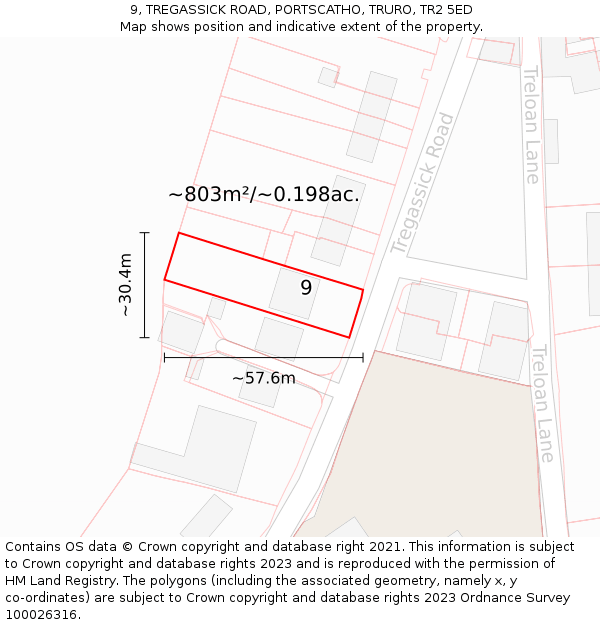 9, TREGASSICK ROAD, PORTSCATHO, TRURO, TR2 5ED: Plot and title map