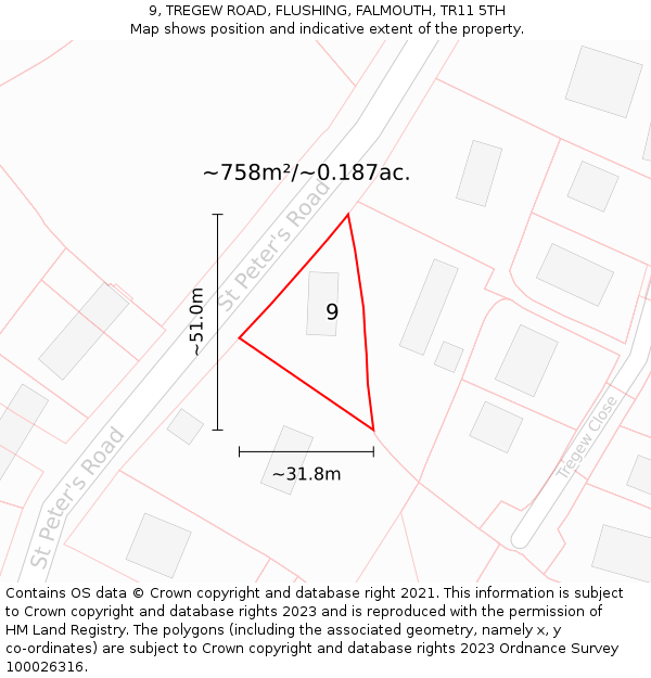 9, TREGEW ROAD, FLUSHING, FALMOUTH, TR11 5TH: Plot and title map