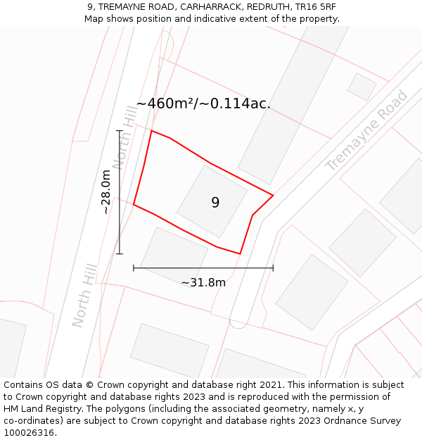 9, TREMAYNE ROAD, CARHARRACK, REDRUTH, TR16 5RF: Plot and title map