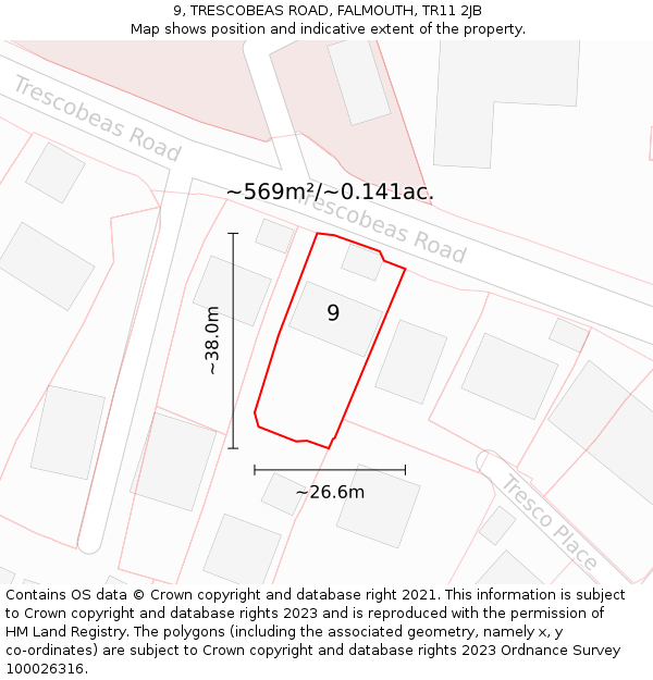 9, TRESCOBEAS ROAD, FALMOUTH, TR11 2JB: Plot and title map