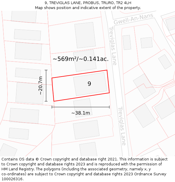 9, TREVIGLAS LANE, PROBUS, TRURO, TR2 4LH: Plot and title map