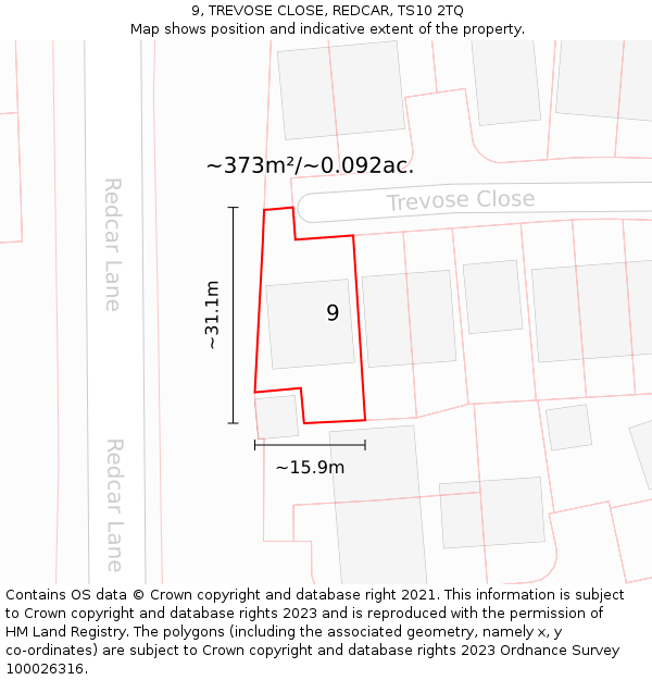 9, TREVOSE CLOSE, REDCAR, TS10 2TQ: Plot and title map