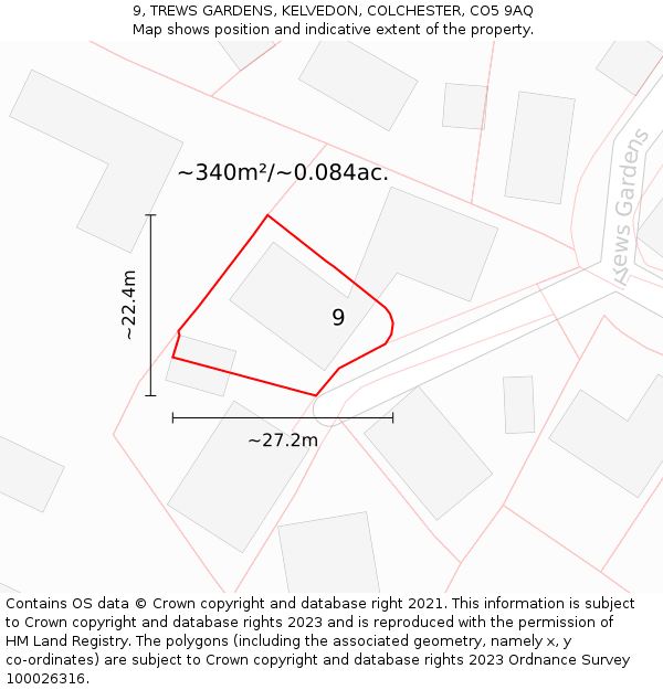 9, TREWS GARDENS, KELVEDON, COLCHESTER, CO5 9AQ: Plot and title map