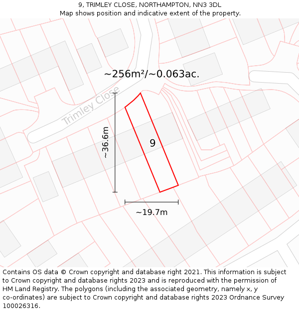 9, TRIMLEY CLOSE, NORTHAMPTON, NN3 3DL: Plot and title map