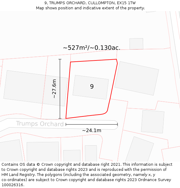 9, TRUMPS ORCHARD, CULLOMPTON, EX15 1TW: Plot and title map