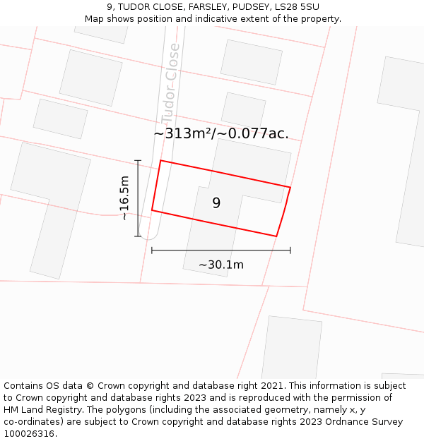 9, TUDOR CLOSE, FARSLEY, PUDSEY, LS28 5SU: Plot and title map