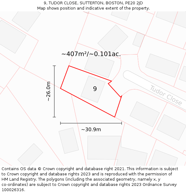 9, TUDOR CLOSE, SUTTERTON, BOSTON, PE20 2JD: Plot and title map