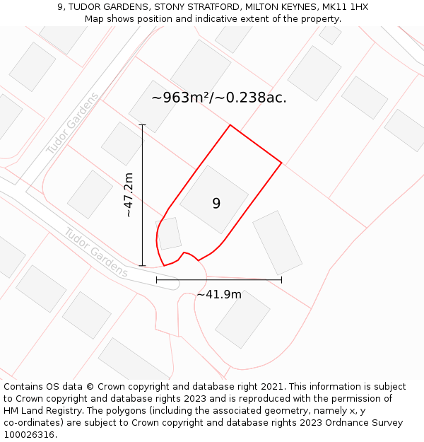 9, TUDOR GARDENS, STONY STRATFORD, MILTON KEYNES, MK11 1HX: Plot and title map