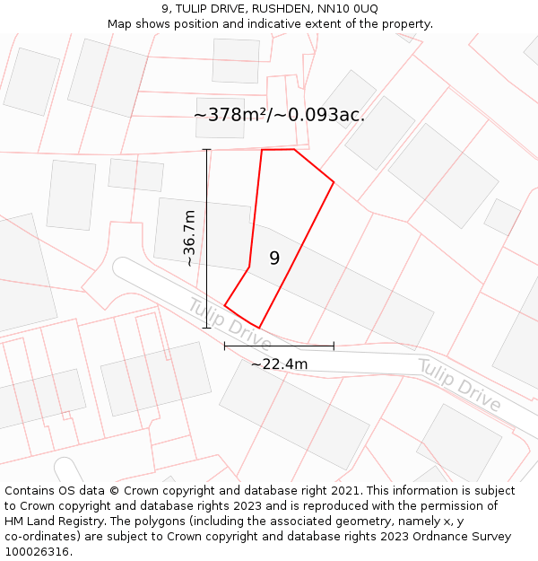 9, TULIP DRIVE, RUSHDEN, NN10 0UQ: Plot and title map