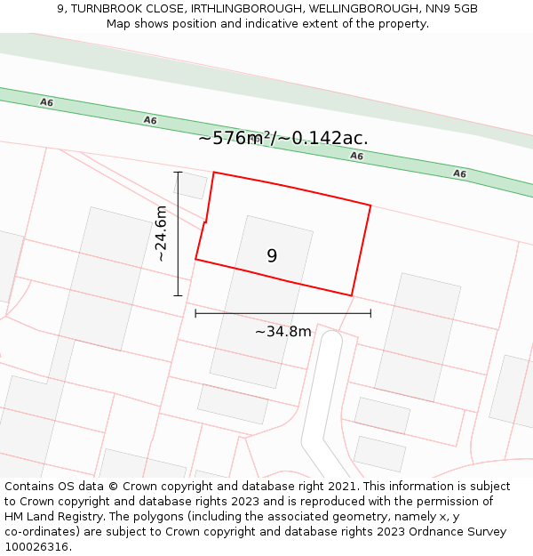 9, TURNBROOK CLOSE, IRTHLINGBOROUGH, WELLINGBOROUGH, NN9 5GB: Plot and title map