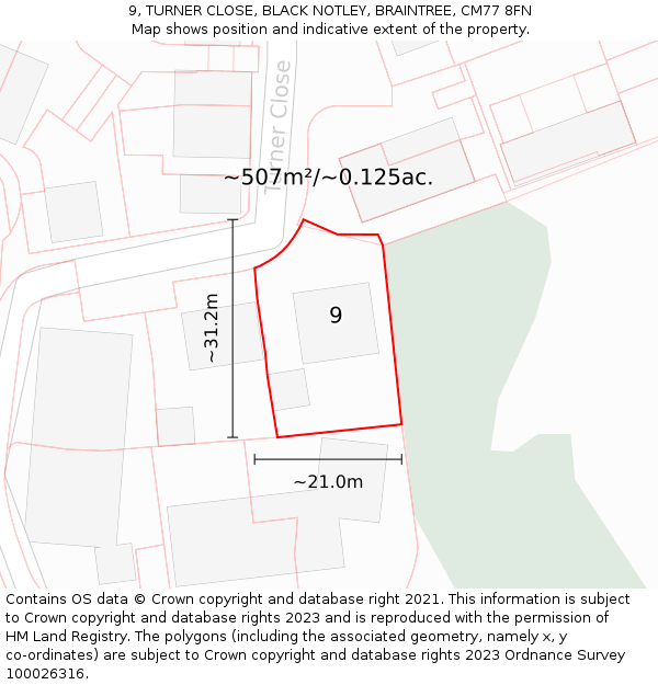 9, TURNER CLOSE, BLACK NOTLEY, BRAINTREE, CM77 8FN: Plot and title map