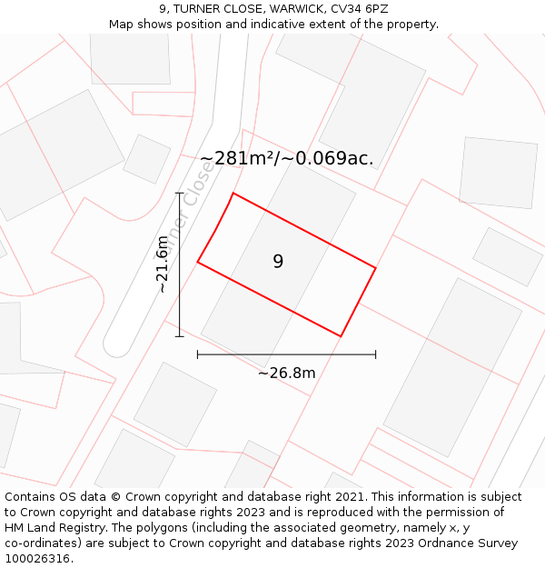 9, TURNER CLOSE, WARWICK, CV34 6PZ: Plot and title map