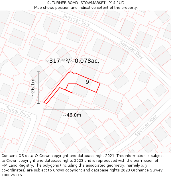 9, TURNER ROAD, STOWMARKET, IP14 1UD: Plot and title map