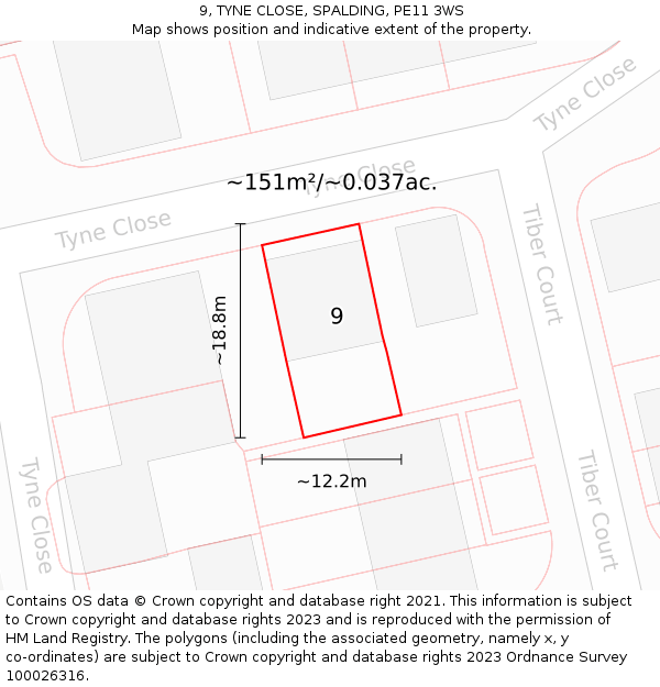 9, TYNE CLOSE, SPALDING, PE11 3WS: Plot and title map