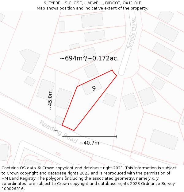 9, TYRRELLS CLOSE, HARWELL, DIDCOT, OX11 0LF: Plot and title map