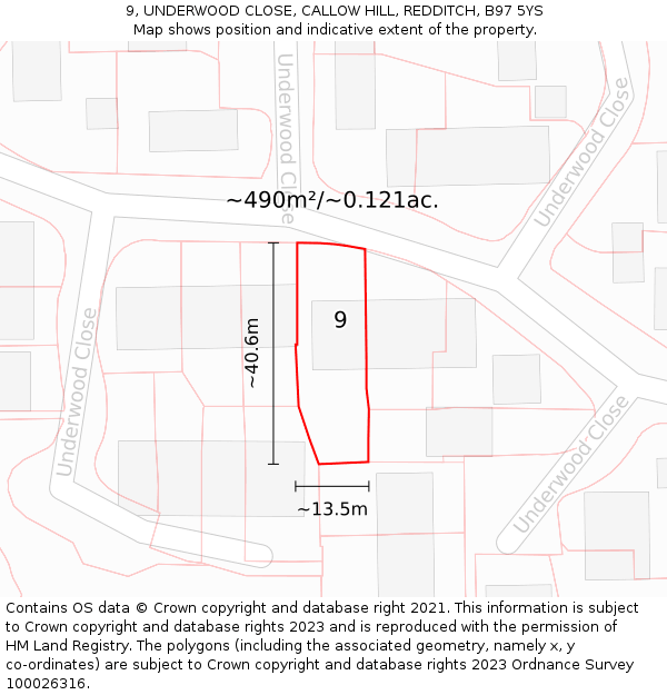 9, UNDERWOOD CLOSE, CALLOW HILL, REDDITCH, B97 5YS: Plot and title map