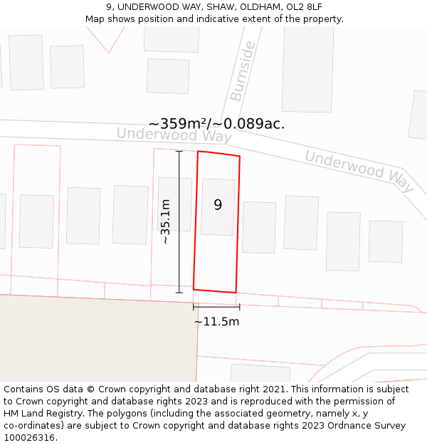 9, UNDERWOOD WAY, SHAW, OLDHAM, OL2 8LF: Plot and title map