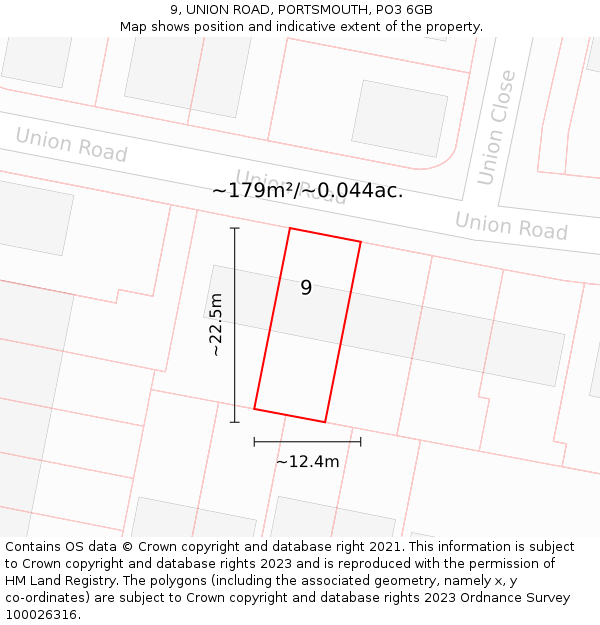 9, UNION ROAD, PORTSMOUTH, PO3 6GB: Plot and title map