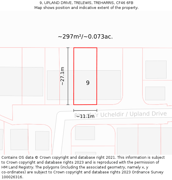 9, UPLAND DRIVE, TRELEWIS, TREHARRIS, CF46 6FB: Plot and title map