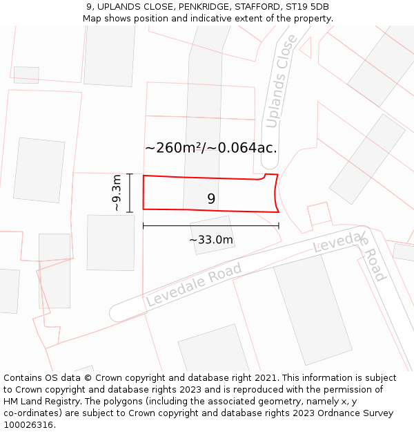 9, UPLANDS CLOSE, PENKRIDGE, STAFFORD, ST19 5DB: Plot and title map