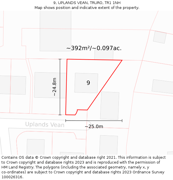 9, UPLANDS VEAN, TRURO, TR1 1NH: Plot and title map