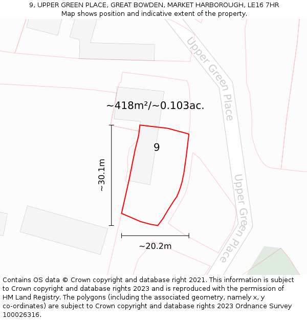 9, UPPER GREEN PLACE, GREAT BOWDEN, MARKET HARBOROUGH, LE16 7HR: Plot and title map