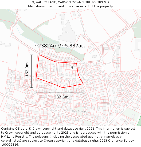 9, VALLEY LANE, CARNON DOWNS, TRURO, TR3 6LP: Plot and title map