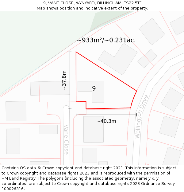 9, VANE CLOSE, WYNYARD, BILLINGHAM, TS22 5TF: Plot and title map