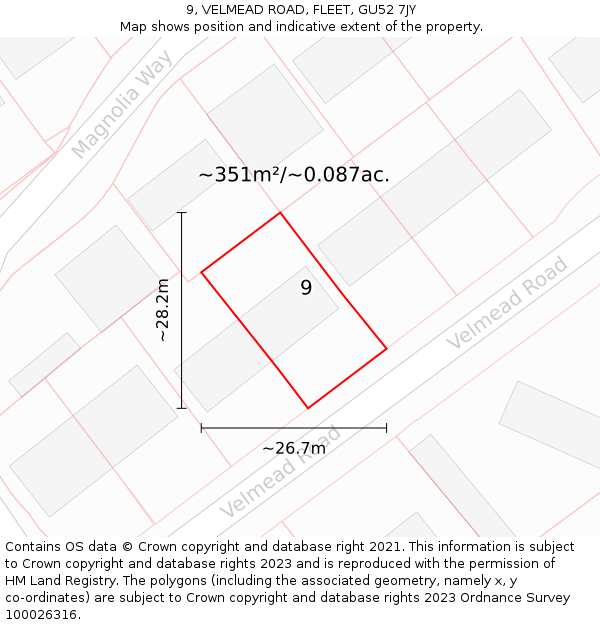 9, VELMEAD ROAD, FLEET, GU52 7JY: Plot and title map