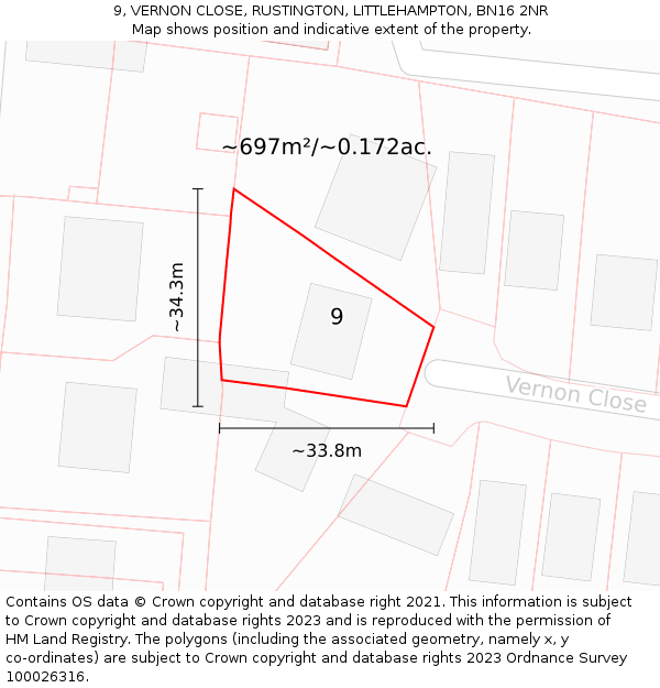 9, VERNON CLOSE, RUSTINGTON, LITTLEHAMPTON, BN16 2NR: Plot and title map