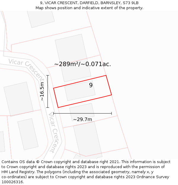 9, VICAR CRESCENT, DARFIELD, BARNSLEY, S73 9LB: Plot and title map