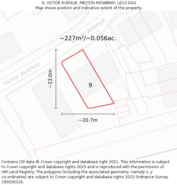 9, VICTOR AVENUE, MELTON MOWBRAY, LE13 0GG: Plot and title map