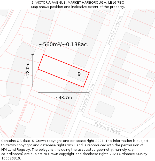 9, VICTORIA AVENUE, MARKET HARBOROUGH, LE16 7BQ: Plot and title map