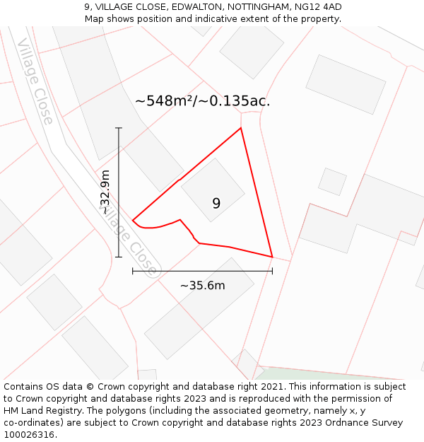 9, VILLAGE CLOSE, EDWALTON, NOTTINGHAM, NG12 4AD: Plot and title map