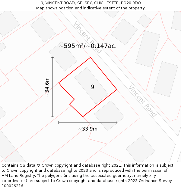 9, VINCENT ROAD, SELSEY, CHICHESTER, PO20 9DQ: Plot and title map