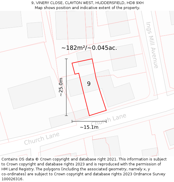 9, VINERY CLOSE, CLAYTON WEST, HUDDERSFIELD, HD8 9XH: Plot and title map