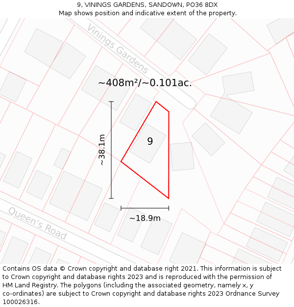 9, VININGS GARDENS, SANDOWN, PO36 8DX: Plot and title map