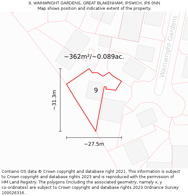 9, WAINWRIGHT GARDENS, GREAT BLAKENHAM, IPSWICH, IP6 0NN: Plot and title map