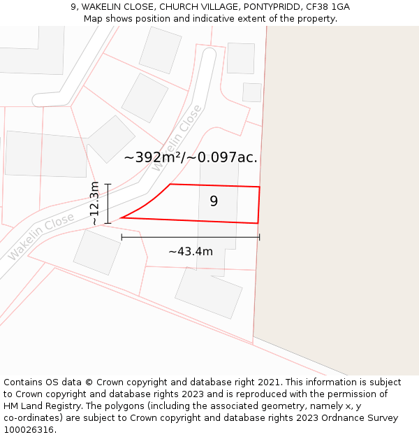 9, WAKELIN CLOSE, CHURCH VILLAGE, PONTYPRIDD, CF38 1GA: Plot and title map