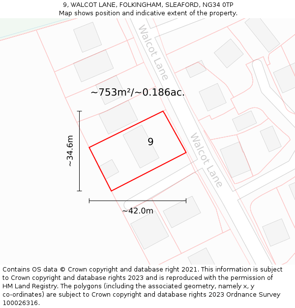 9, WALCOT LANE, FOLKINGHAM, SLEAFORD, NG34 0TP: Plot and title map