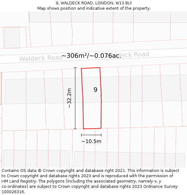 9, WALDECK ROAD, LONDON, W13 8LY: Plot and title map