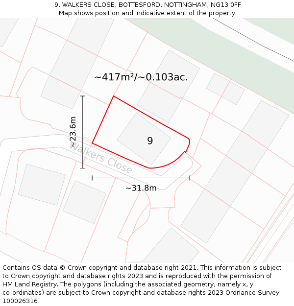 9, WALKERS CLOSE, BOTTESFORD, NOTTINGHAM, NG13 0FF: Plot and title map