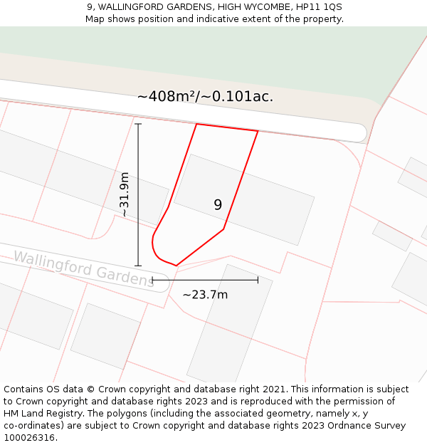 9, WALLINGFORD GARDENS, HIGH WYCOMBE, HP11 1QS: Plot and title map