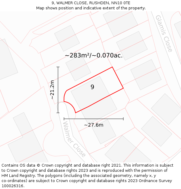 9, WALMER CLOSE, RUSHDEN, NN10 0TE: Plot and title map