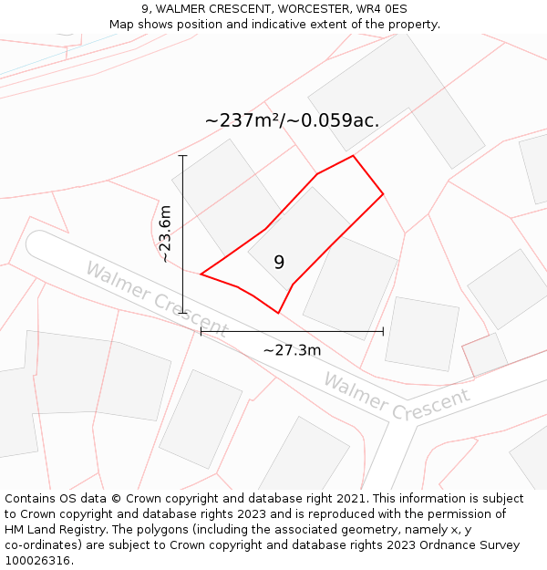 9, WALMER CRESCENT, WORCESTER, WR4 0ES: Plot and title map