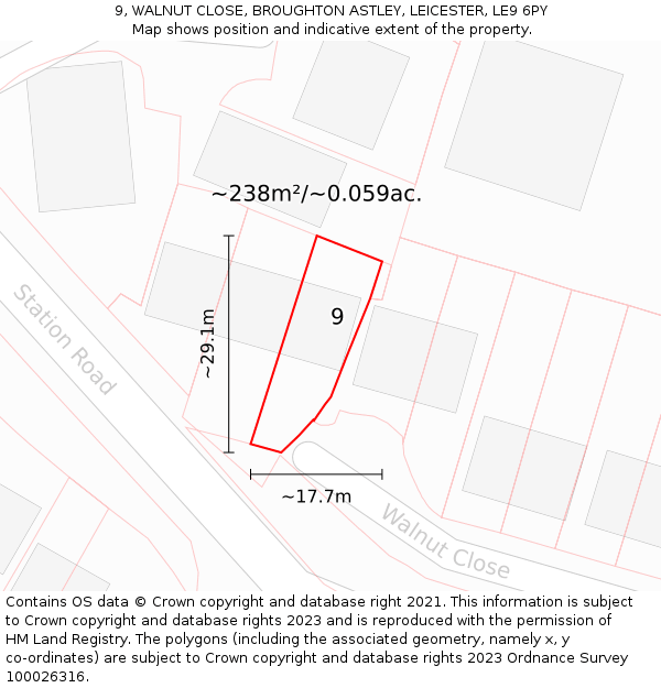 9, WALNUT CLOSE, BROUGHTON ASTLEY, LEICESTER, LE9 6PY: Plot and title map