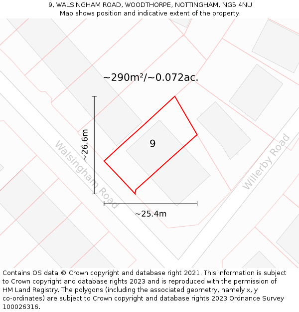 9, WALSINGHAM ROAD, WOODTHORPE, NOTTINGHAM, NG5 4NU: Plot and title map