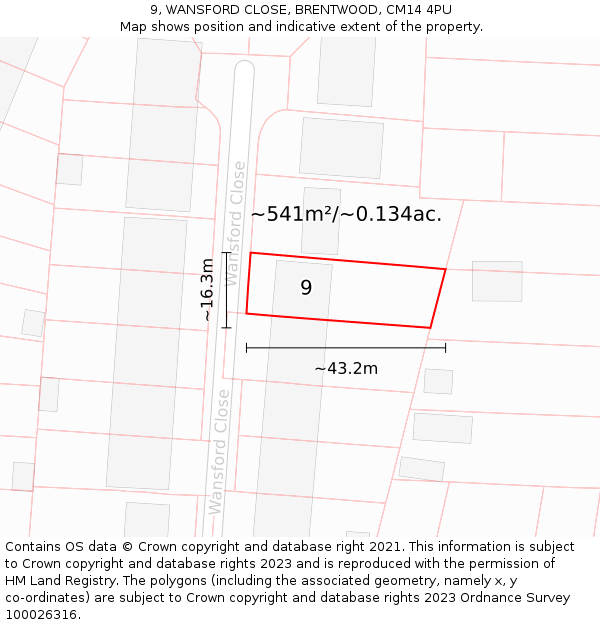 9, WANSFORD CLOSE, BRENTWOOD, CM14 4PU: Plot and title map