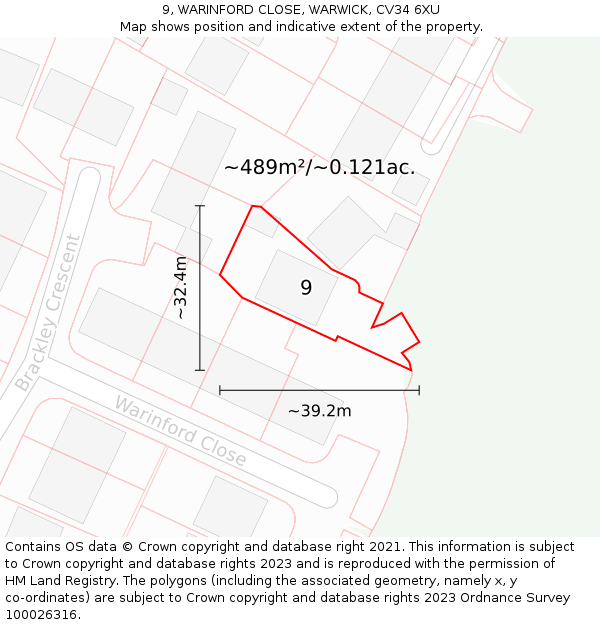 9, WARINFORD CLOSE, WARWICK, CV34 6XU: Plot and title map