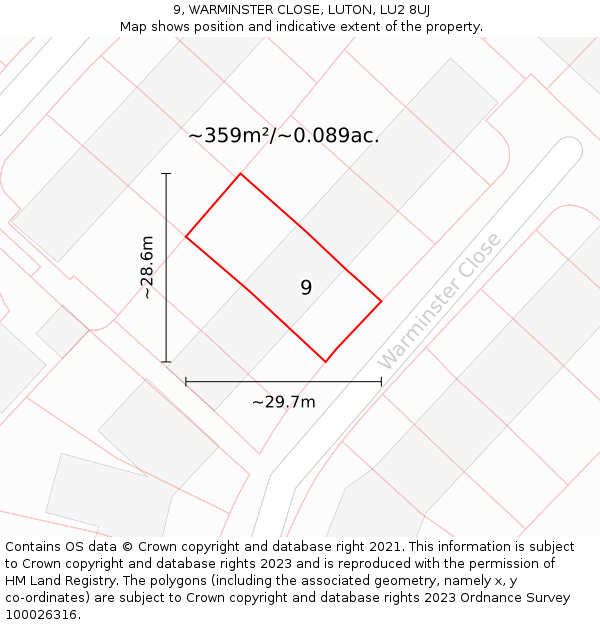 9, WARMINSTER CLOSE, LUTON, LU2 8UJ: Plot and title map